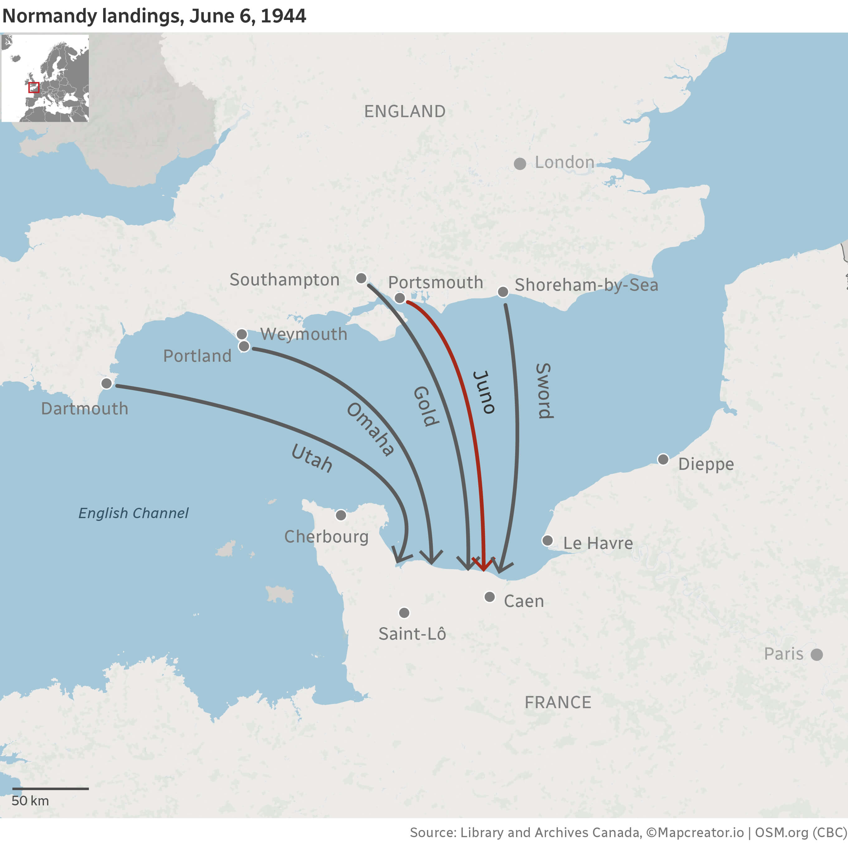 D day Normanding landings, June 6, 1944 map