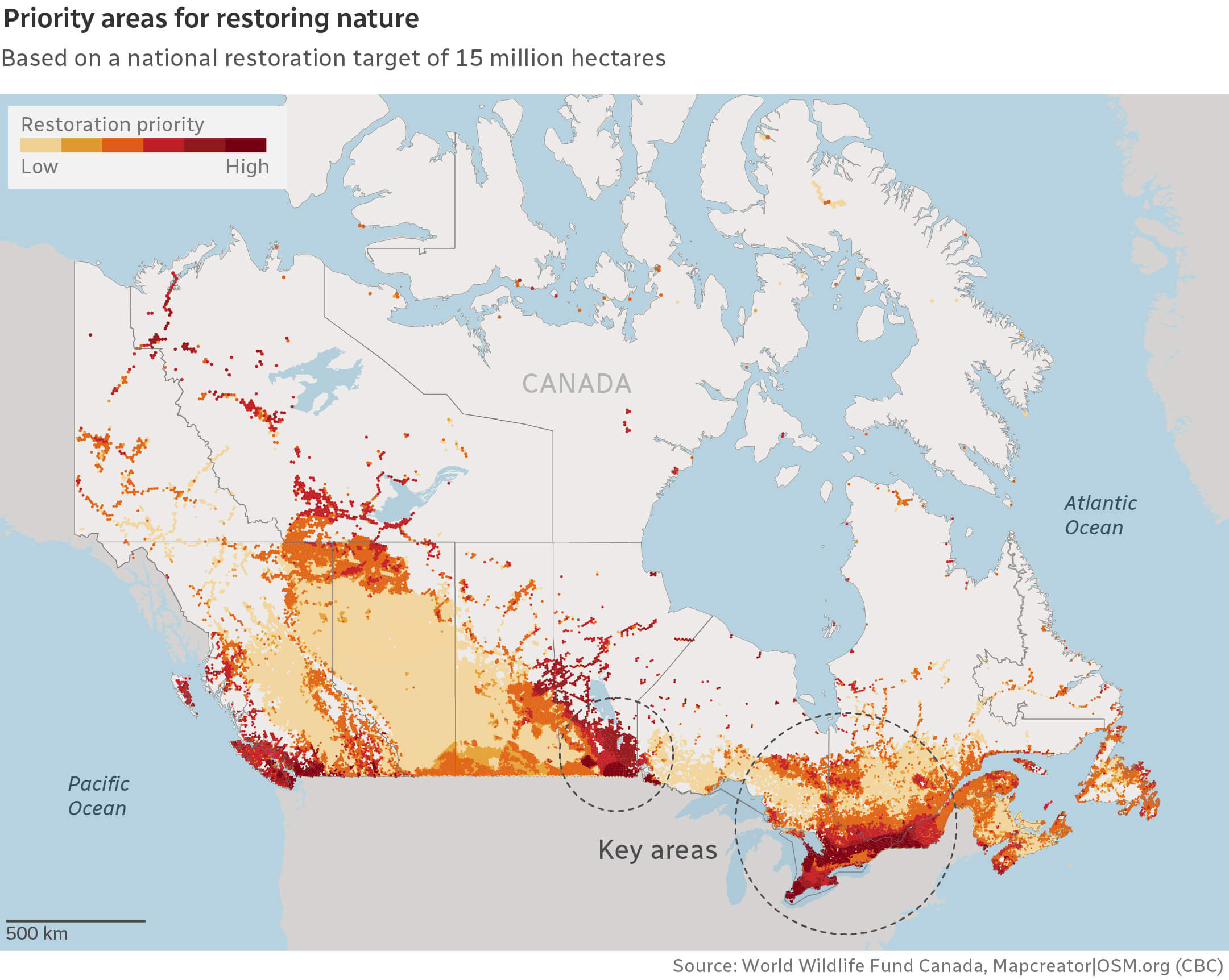 map of priority areas for restoring nature in Canada according to WWF