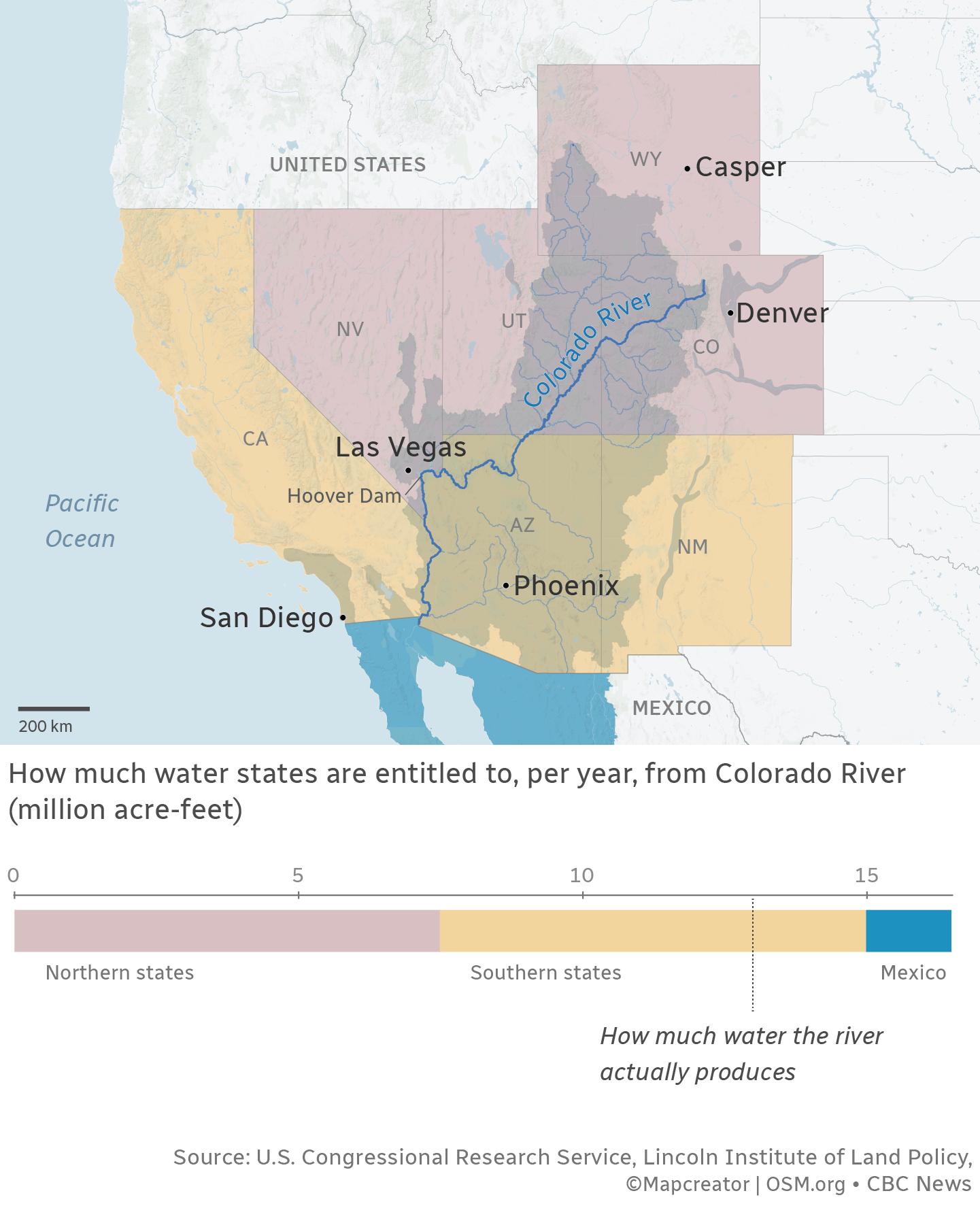 map showing how much water states are entitled per year from Colorado river