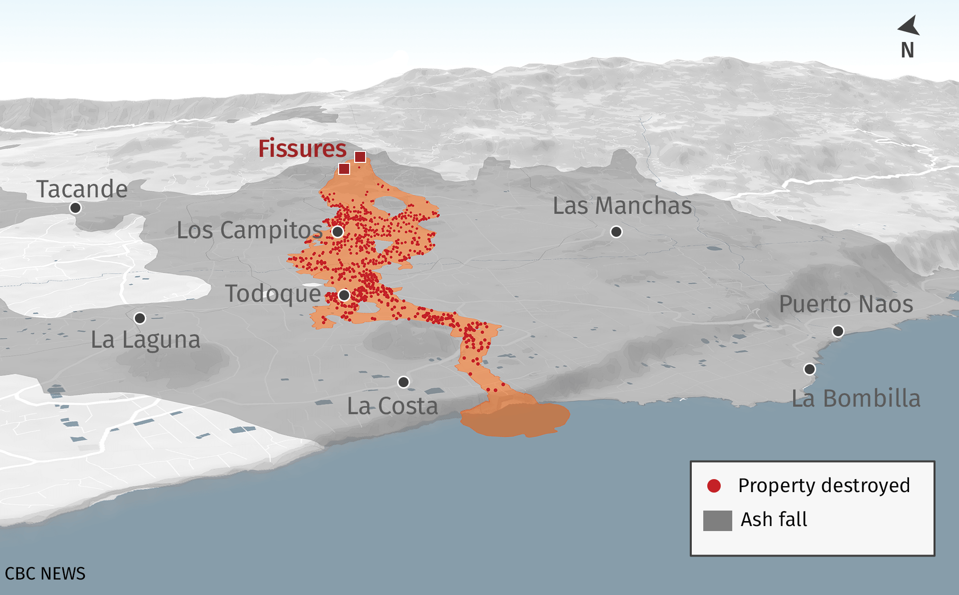 map showing the lava, ash fall and properties destroyed during La palma volcan eruption