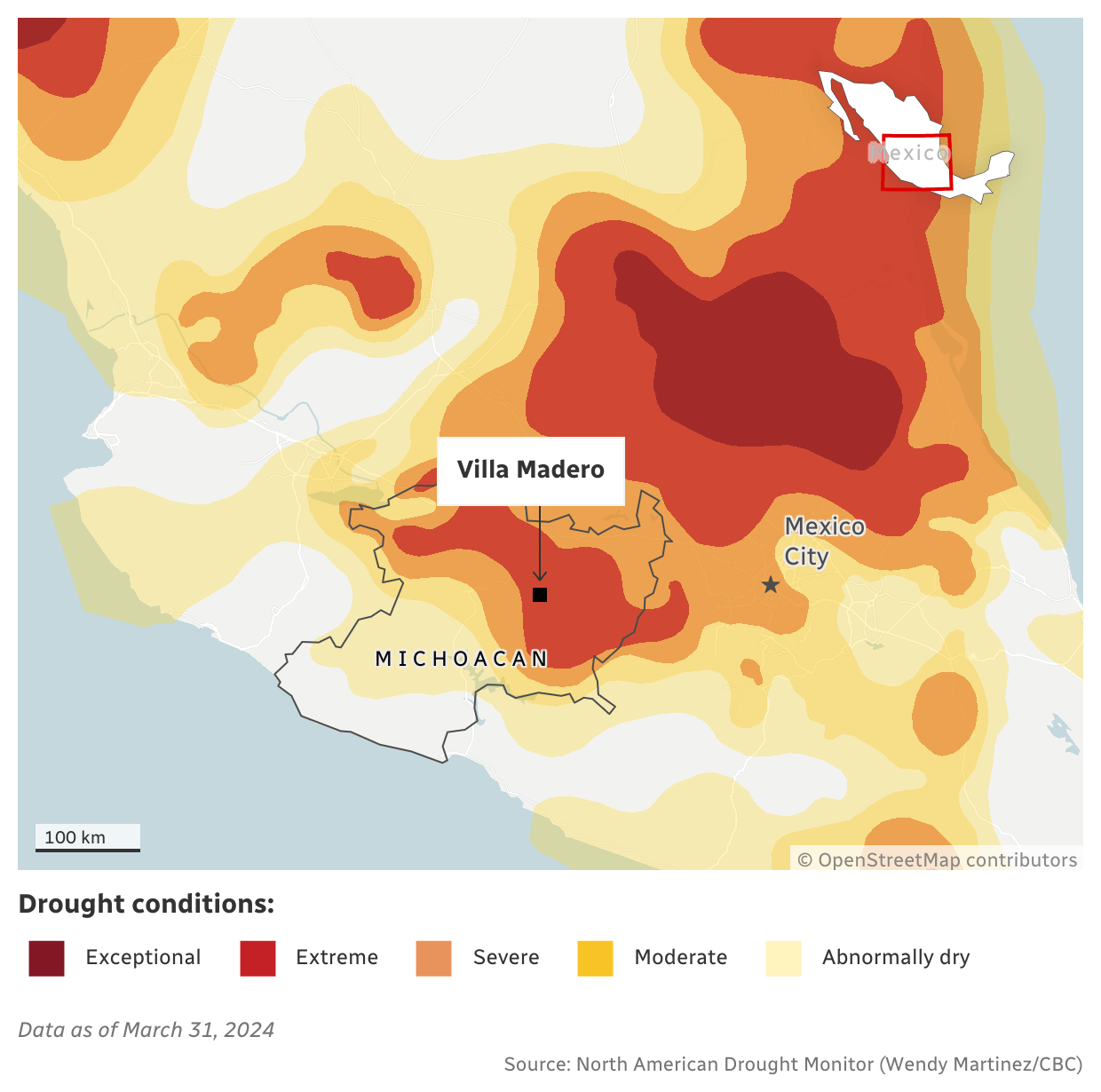 a map showing Mexico's drought on March 31, 2024