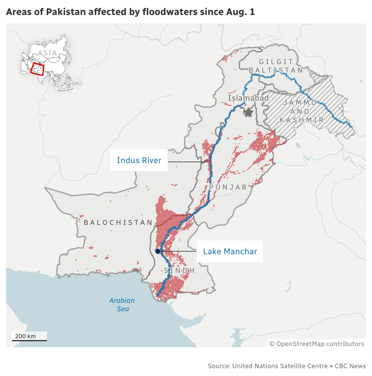 a map showing Pakistan's floodwaters since August 1, 2024