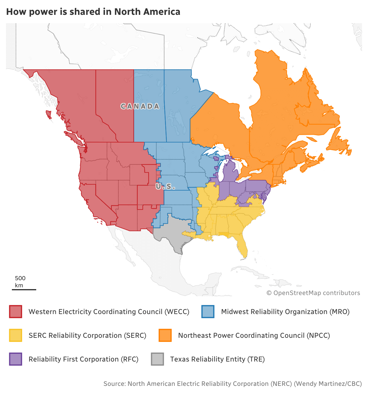 a map showing how power is shared in North America