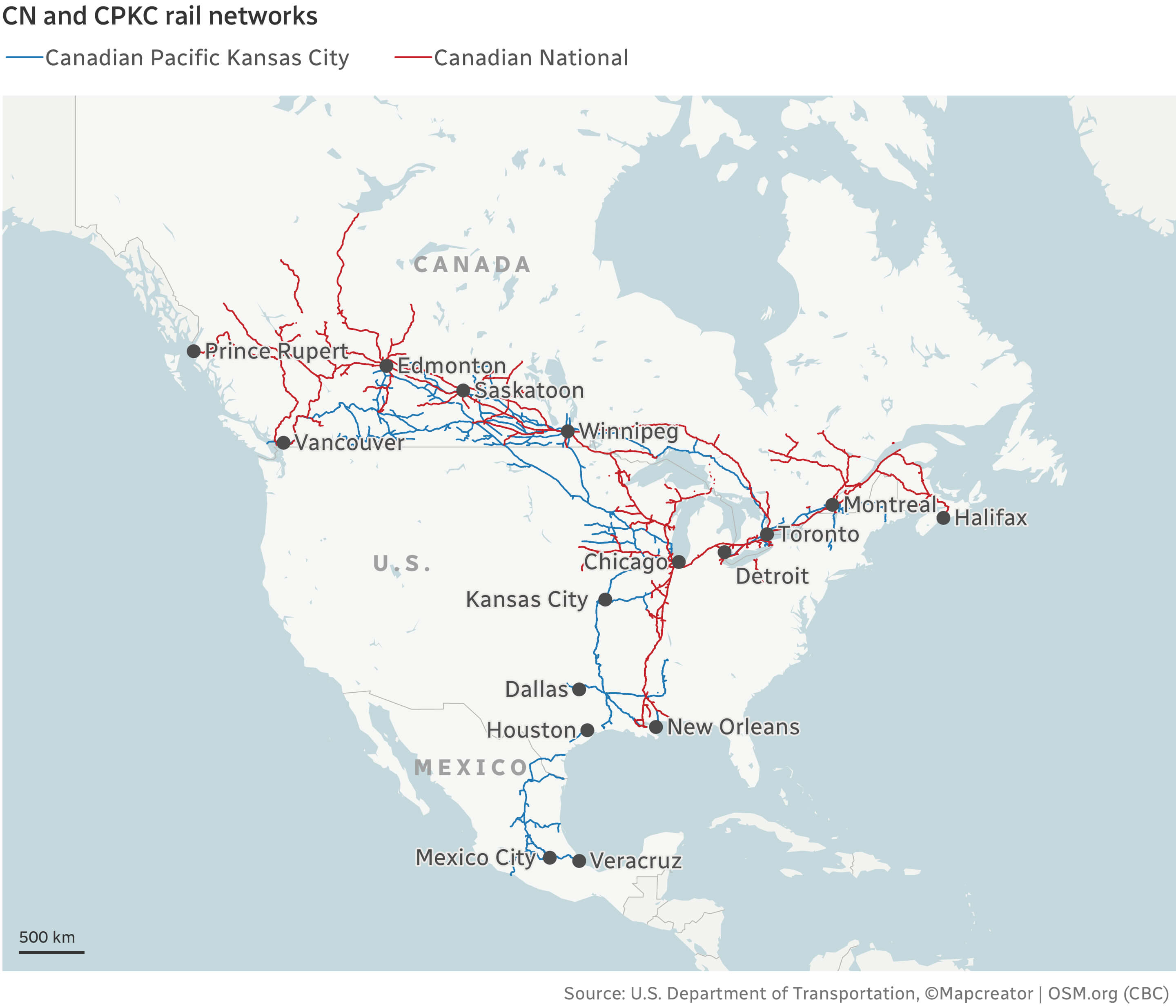 map of CN and CPKC rail network