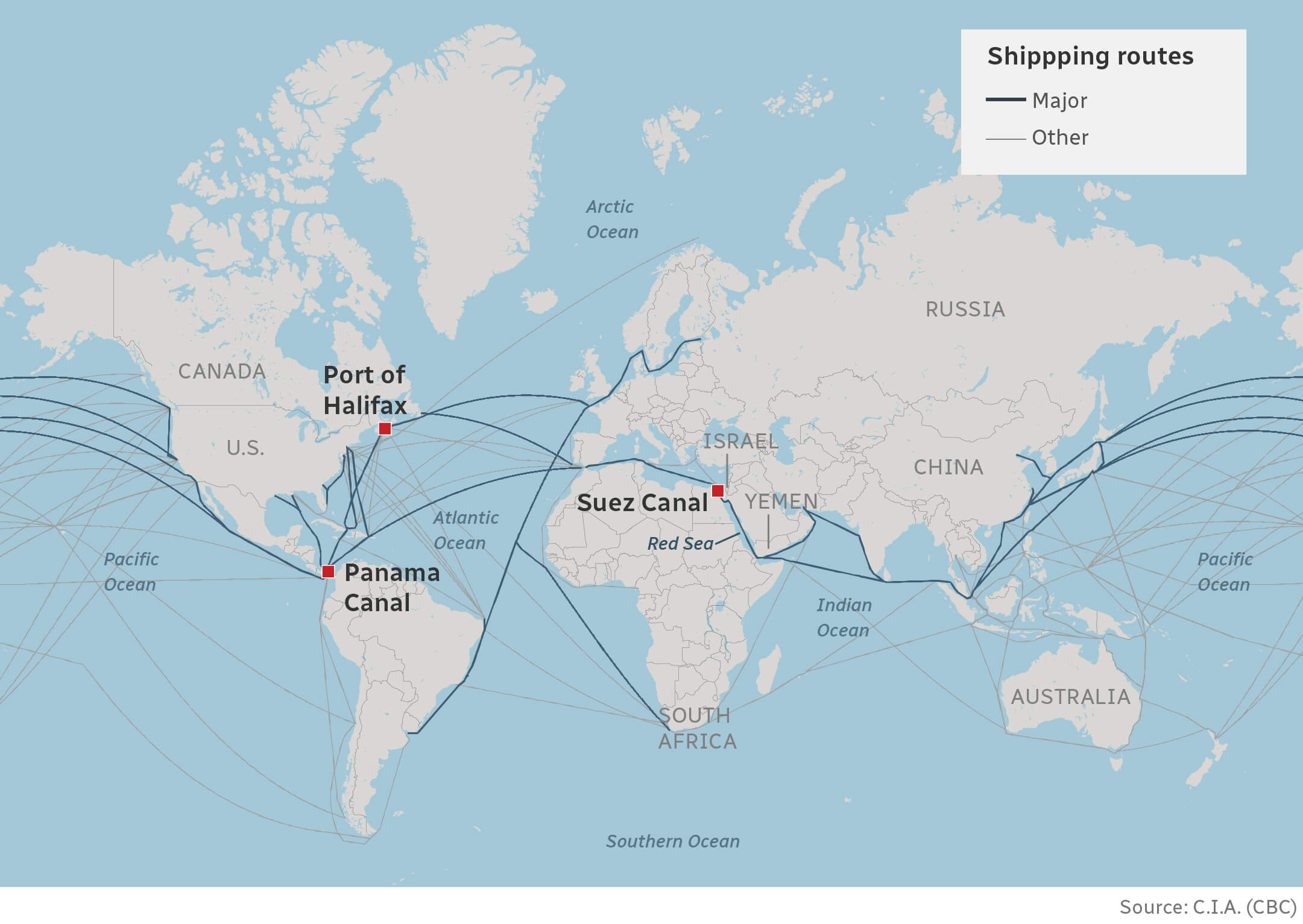 Map of Global shipping routes.